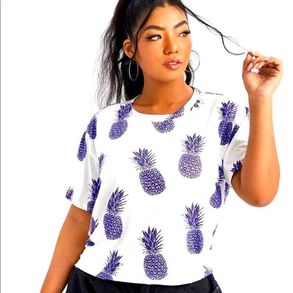 Shein plus white shirt with purple pineapples - Picture 1 of 7